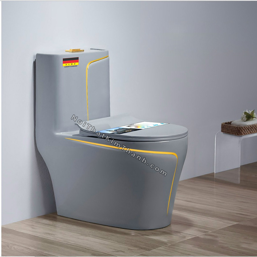 Bồn cầu liền khối màu xám kẻ chỉ vàng - PK165