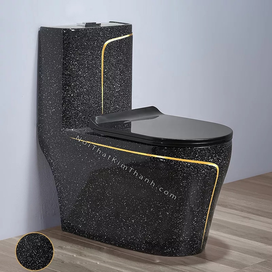 Bồn cầu liền khối màu đen chấm bi kẻ chỉ vàng - BC170