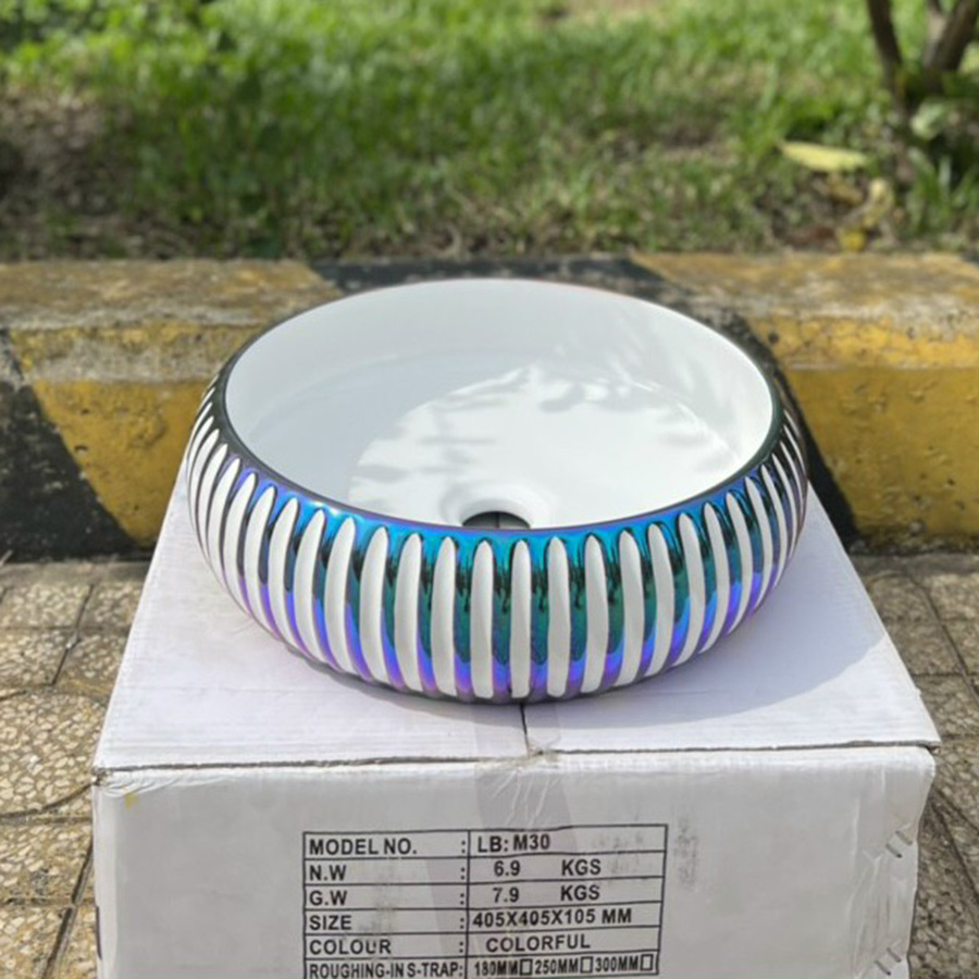 Lavabo đặt bàn hình tròn sọc xanh - LB102