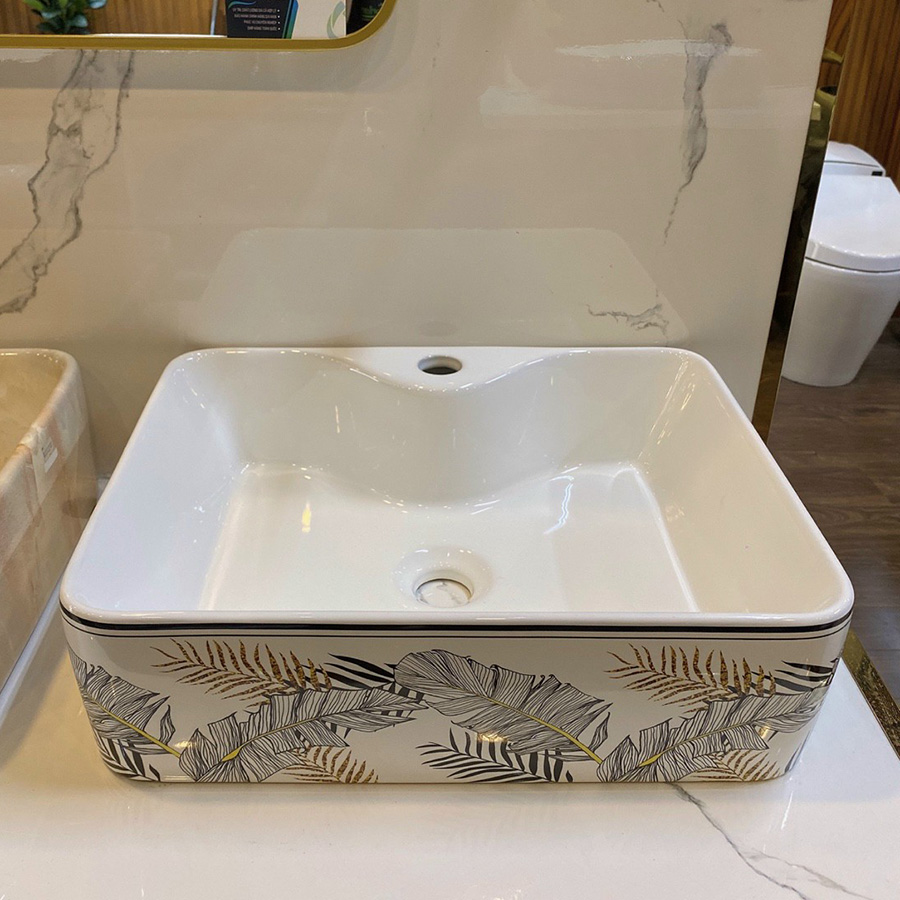 Lavabo đặt bàn chữ nhật màu trắng họa tiết lá cây - LB113
