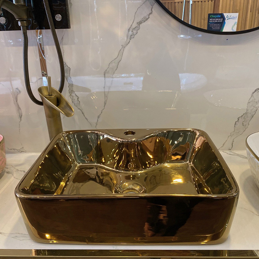 Lavabo đặt bàn chữ nhật màu vàng đồng - LB114