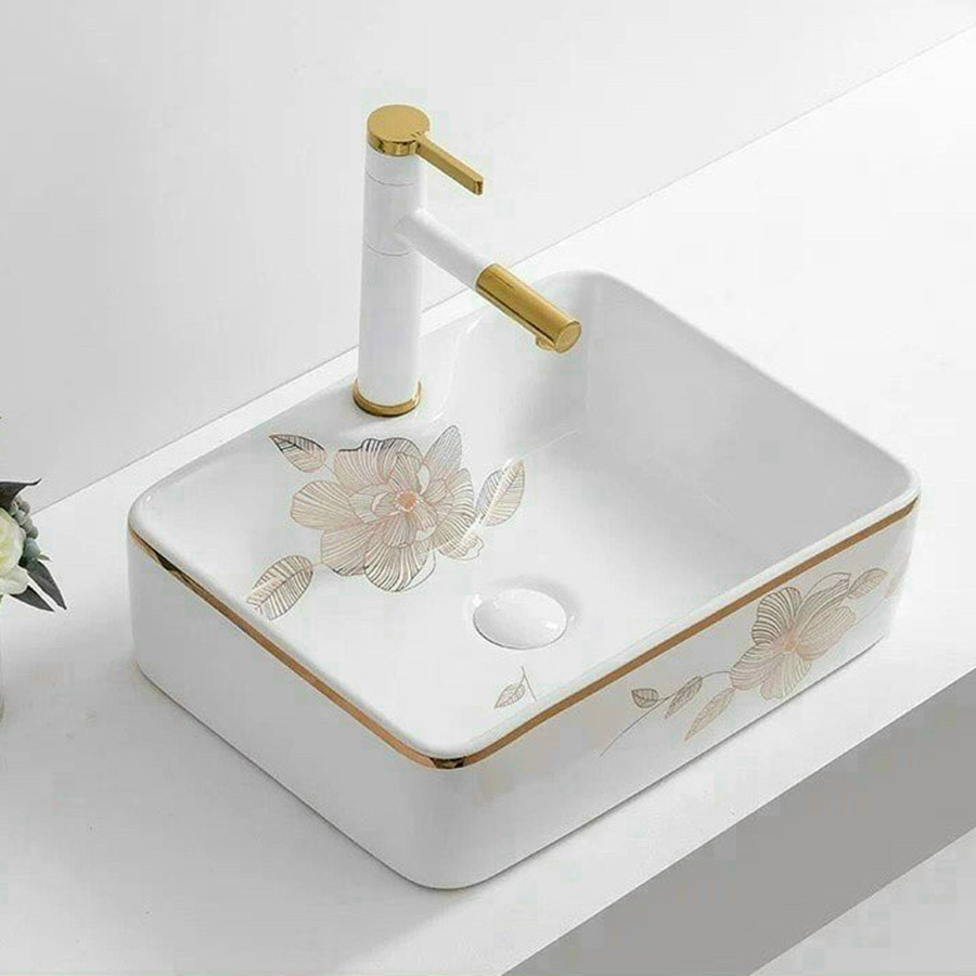 Lavabo đặt bàn hình vuông họa tiết hoa lá - LB116