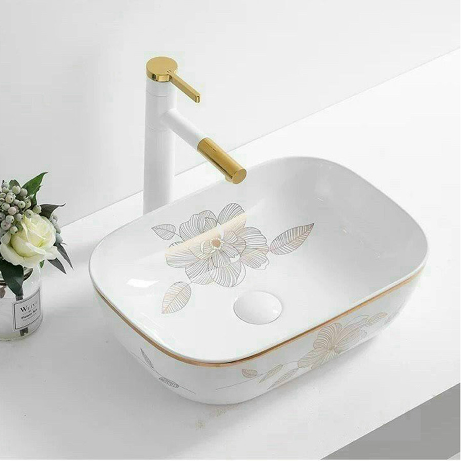 Lavabo đặt bàn chữ nhật bầu tròn họa tiết hoa lá - LB117