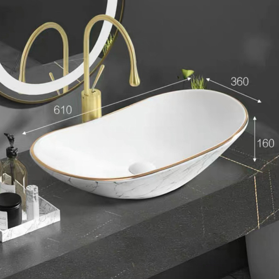 Lavabo thuyền hoa văn viền vàng - LB129