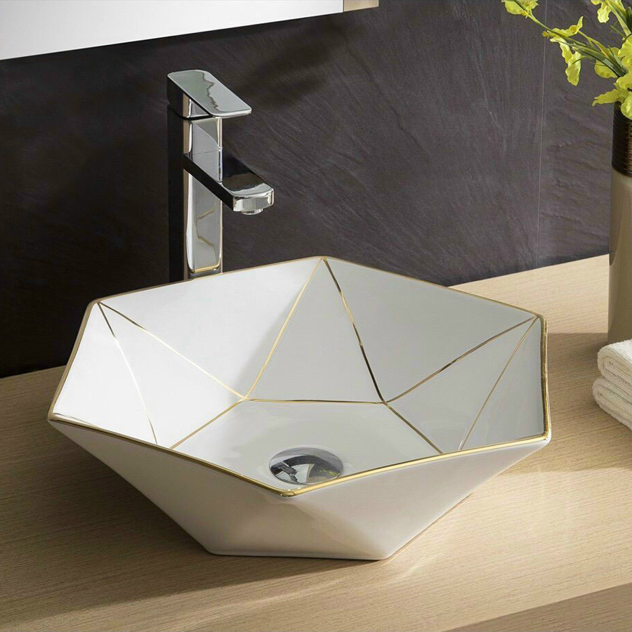 Lavabo đặt bàn hình lục giác viền vàng - LB132