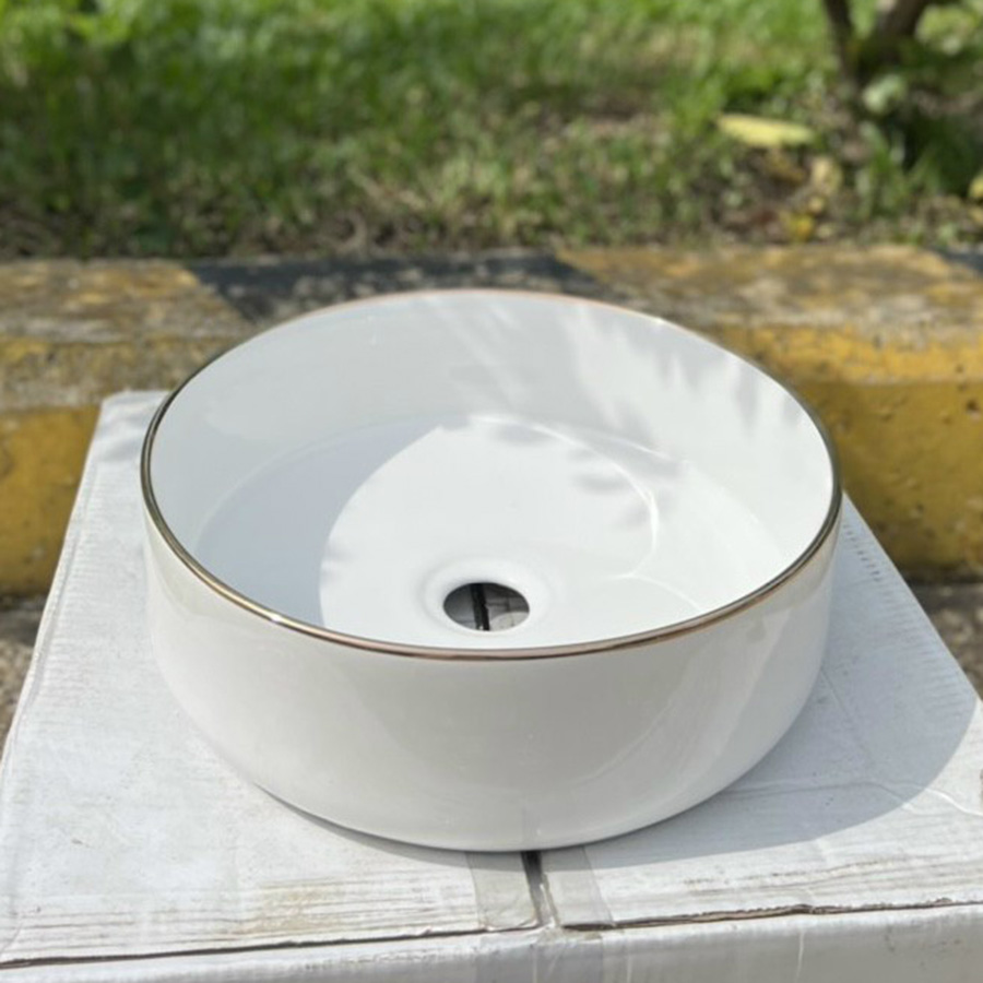 Lavabo đặt bàn hình tròn viền vàng - LB133