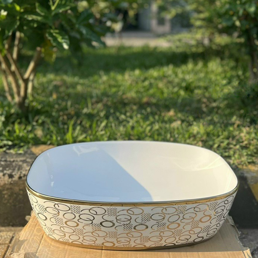 Lavabo đặt bàn hoa văn viền vàng - LB139