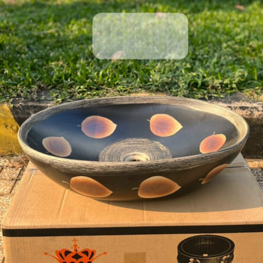 Lavabo đất nung hình tròn họa tiết lá - LB142