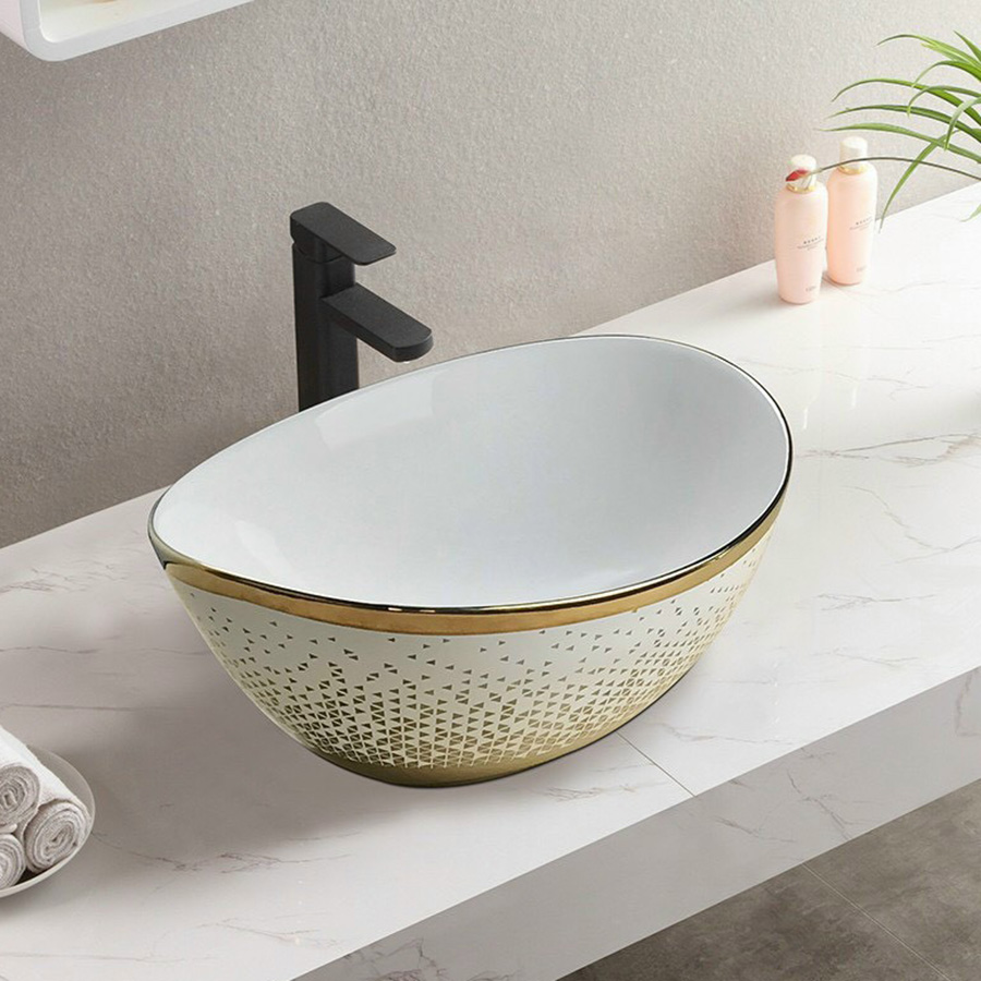 Lavabo đặt bàn hình tròn vành nghiêng viền vàng - LB148