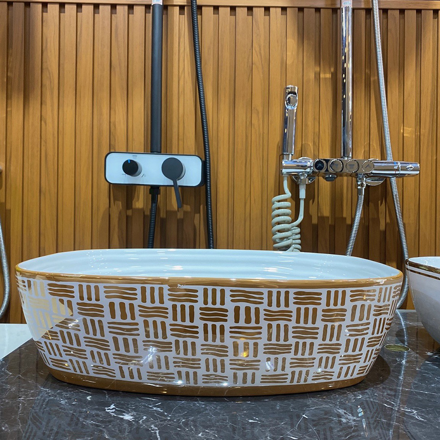 Lavabo đặt bàn họa tiết viền vàng - LB149