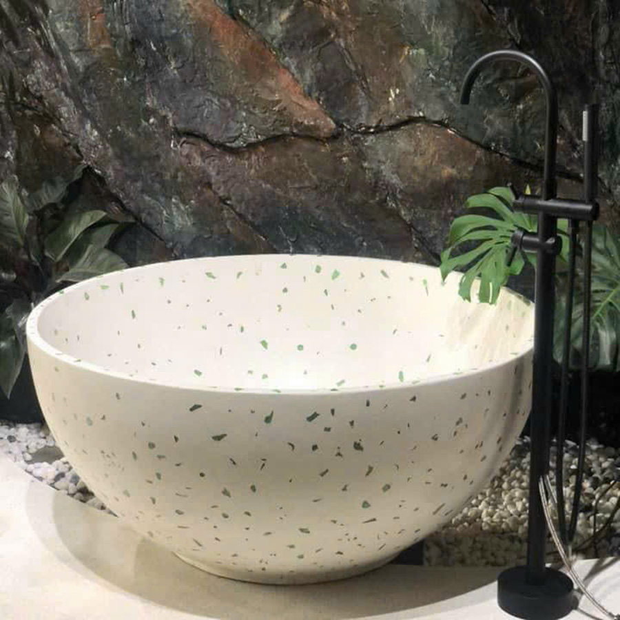Bồn tắm đá mài terrazzo hình tròn màu trắng hạt - BT1419
