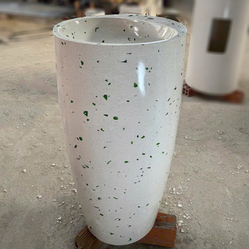 Lavabo trụ tròn bầu đá terrazzo trắng hạt - LB211